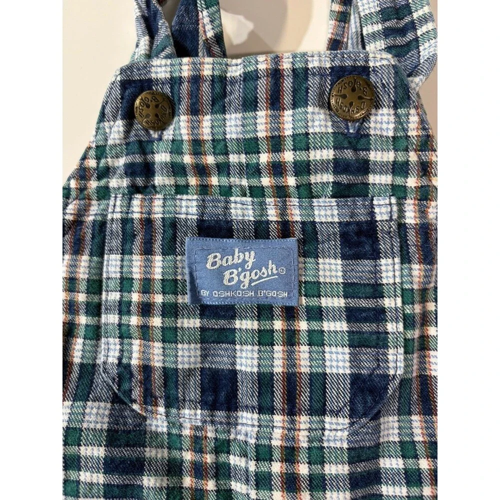 Vintage OshKosh Blue Green White Plaid Cotton Bib Overalls One-Piece 12m